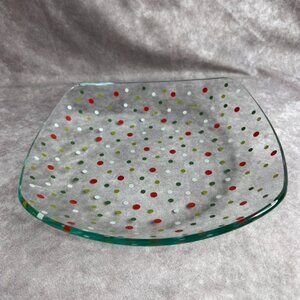 The Pampered Chef Holiday Dots Square Bowl 9.75" Glass Christmas #3010